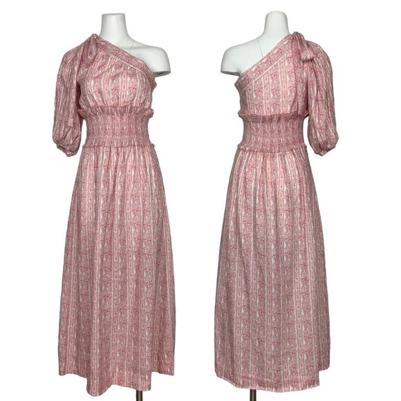 Lug Von Siga Glory Dress 34 US/2 Pink Linen One Shoulder Smocked Waist Midi - Picture 1 of 12